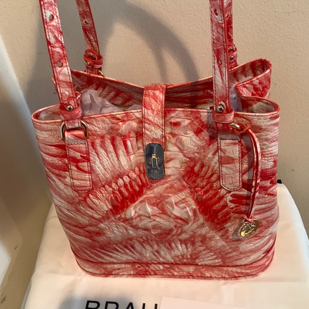 Brahmin Melbourne Collection Fiora Pink Flamingo Bucket Bag